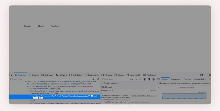 Screenshot of correct HTML markup using the anchor tag for navigation menus visible in the browser developer tools.